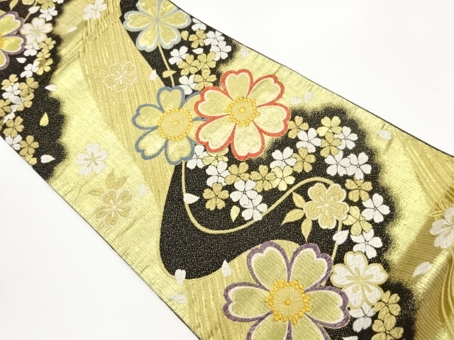 JAPANESE FUKURO OBI / WOVEN WAVY STRIPE & SAKURA